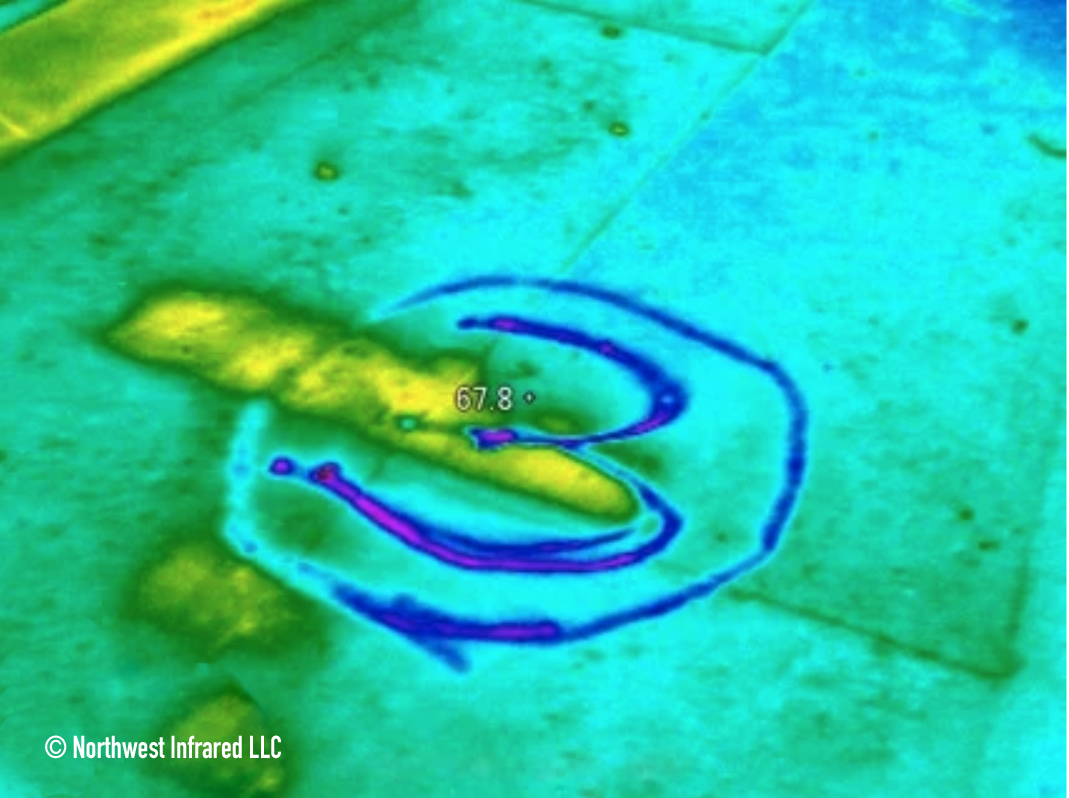 Infrared image showing a heating element or pipe curled in a circular shape on a floor, with temperature reading of 67.8 degrees.