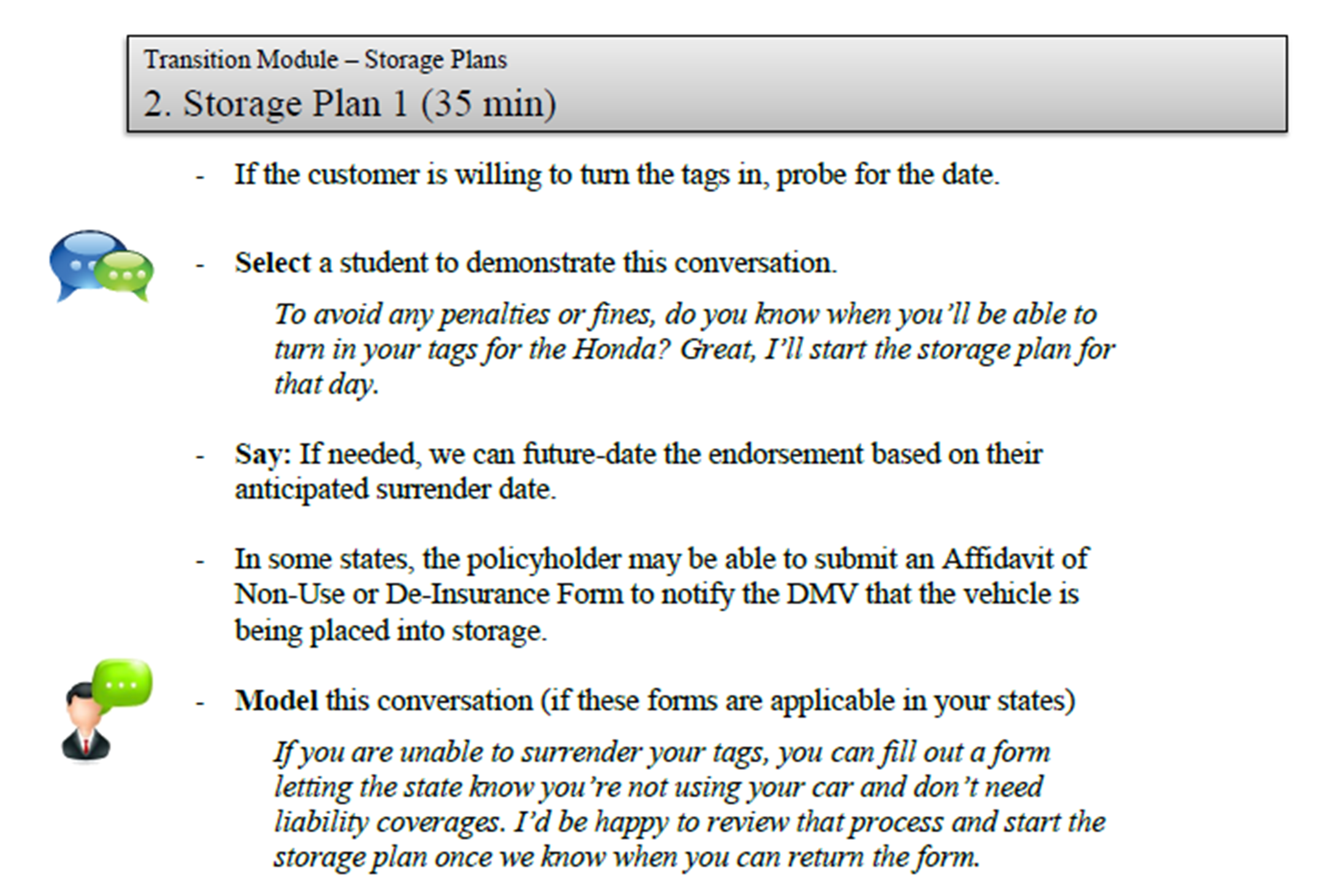 Screenshot of a document titled 'Transition Module - Storage Plans'. The section shown is '2. Storage Plan 1 (35 min)', discussing procedures for turning in vehicle tags and managing storage with bullet points and associated images of speech bubbles and a person.