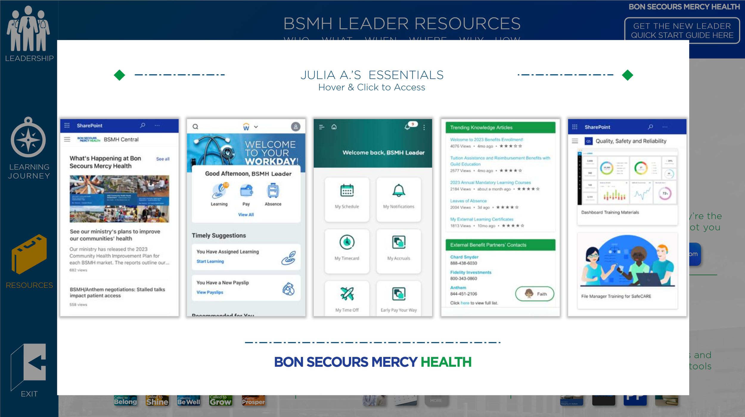 Screenshot of a digital resource page titled 'BSMH Leader Resources' from Bon Secours Mercy Health, featuring multiple mobile app screens showcasing health, learning, and communication tools, with sidebar menu options for Leadership, Learning Journey, Resources, and Exit.