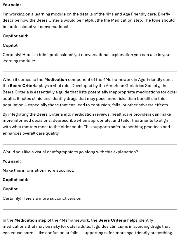 Text-based transcript of a professional conversation between a user and a copilot about explaining the Beers Criteria in age-friendly medication care, emphasizing concise communication and its role in identifying risky medications for older adults.