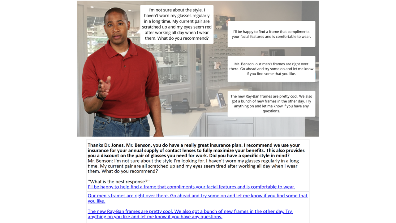 A man wearing a red polo shirt and jeans, gesturing with his hand, standing in an optical store with glasses on display behind him, with speech bubbles and a dialogue box with text about glasses and frames.