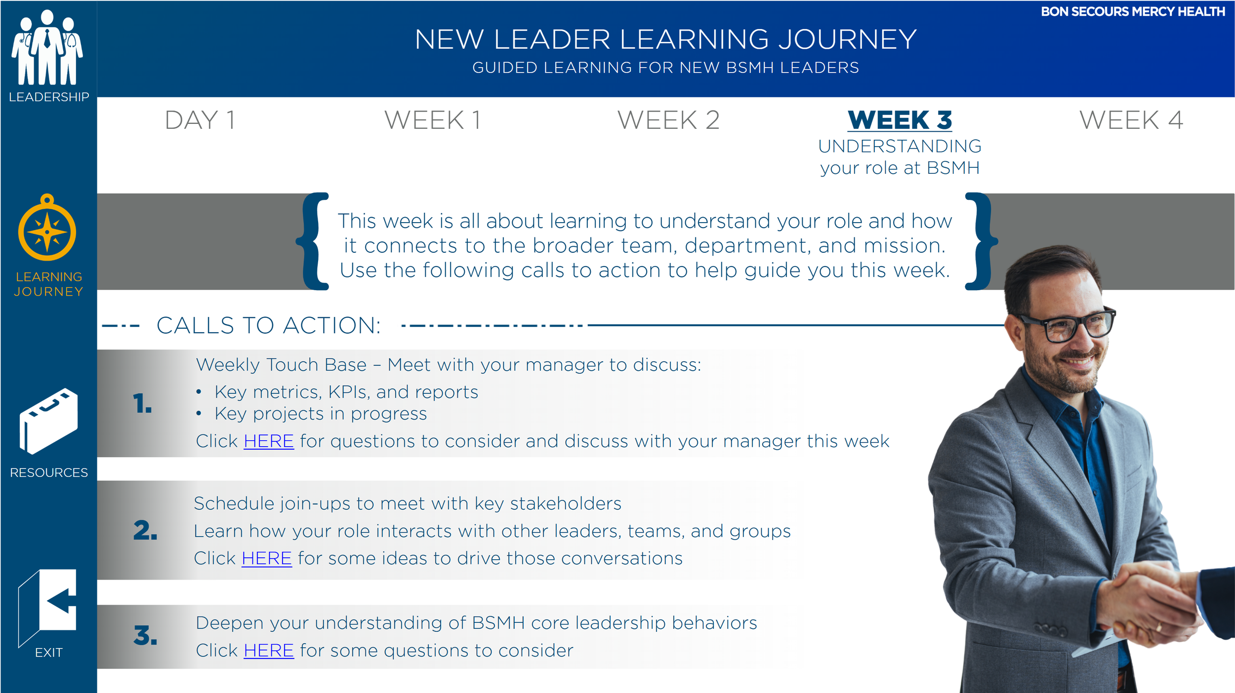 A digital learning guide titled 'New Leader Learning Journey' with a header indicating it is for guided learning for new BSMH leaders. It includes a timeline with four weeks, highlighting Week 3 as 'Understanding your role at BSMH.' The guide provides instructions for the week's focus on understanding leadership roles, featuring calls to action such as meetings with managers, scheduling stakeholder meetings, and deepening understanding of core behaviors. The image also shows a smiling man in a gray suit shaking hands with another person, with icons for leadership, resources, and exit on the left side.