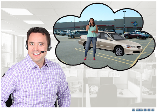 A man wearing a headset, standing in an office, with a thought bubble showing a woman standing next to a car in a shopping center parking lot.