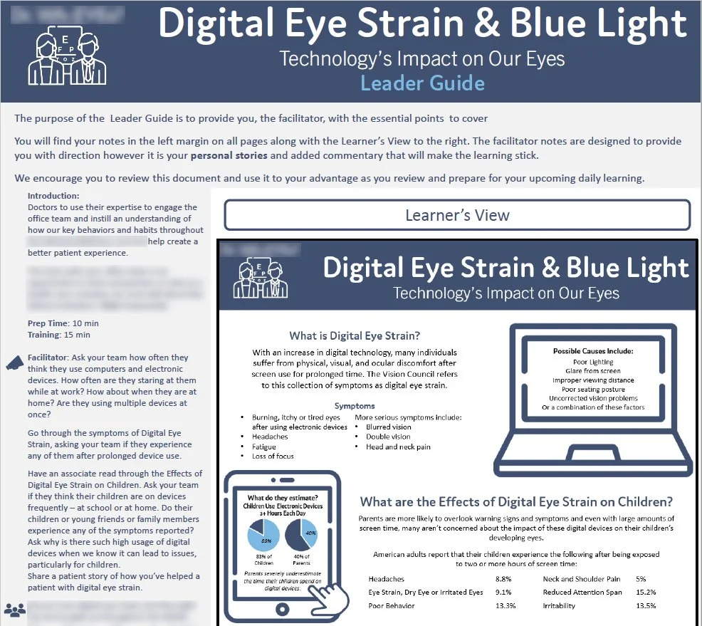 Educational infographic on digital eye strain and blue light, including symptoms, causes, and effects on children, with a section about electronic device use and children.