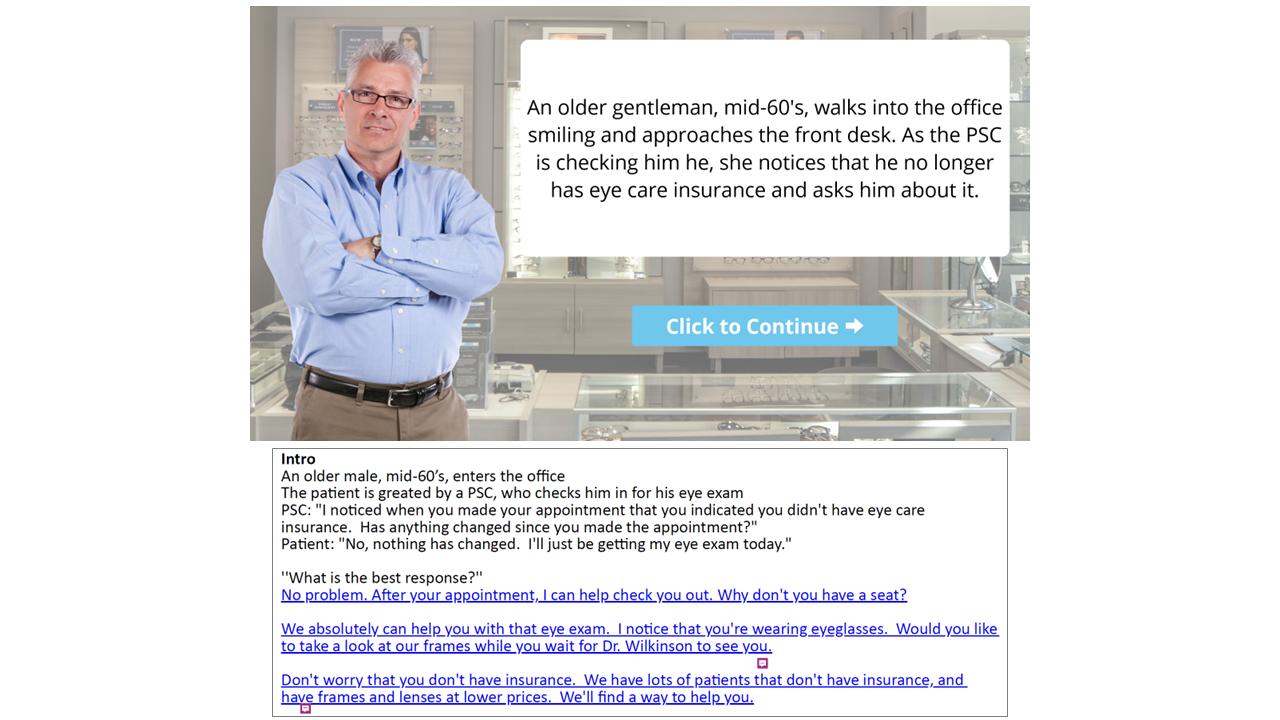 An older man with glasses and gray hair is standing in an office, wearing a light blue shirt and khaki pants, with his arms crossed, looking at the camera. Behind him, there are display cases with glasses and eye care products.