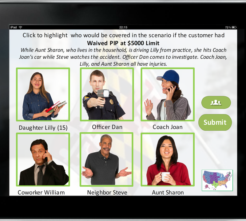A digital screen with six profiles of people involved in a scenario, each with a green border and labels: Daughter Lilly (15), Officer Dan, Coach Joan, Coworker William, Neighbor Steve, and Aunt Sharon. There are buttons labeled 'group' and 'submit,' and a small map of the United States in the bottom right corner.