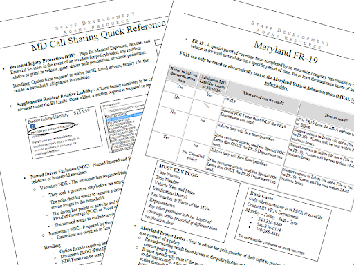 Close-up of multiple pages of a Maryland MD Call Sharing Quick Reference guide, including sections on Maryland FR-19, body injury liability, and must-know policy information.