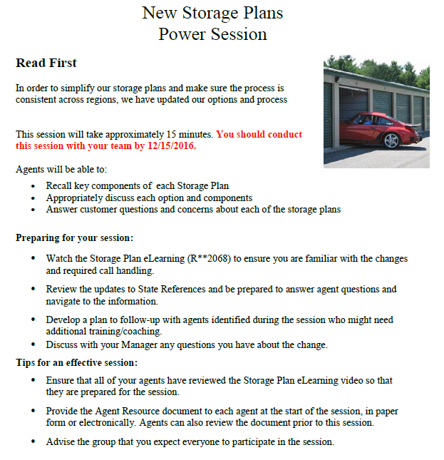 A document titled 'New Storage Plans Power Session' with instructions for a team meeting, including a note to conduct the session by 12/15/2016, and a picture of a red car parked outside a garage building.