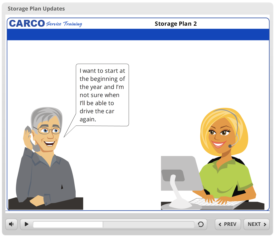 A woman with blonde hair wearing a headset and green shirt sits at a computer, while a man with gray hair, glasses, and a gray shirt speaks on the phone, saying he wants to start winter storage early because he's unsure when he'll be able to drive his car again.