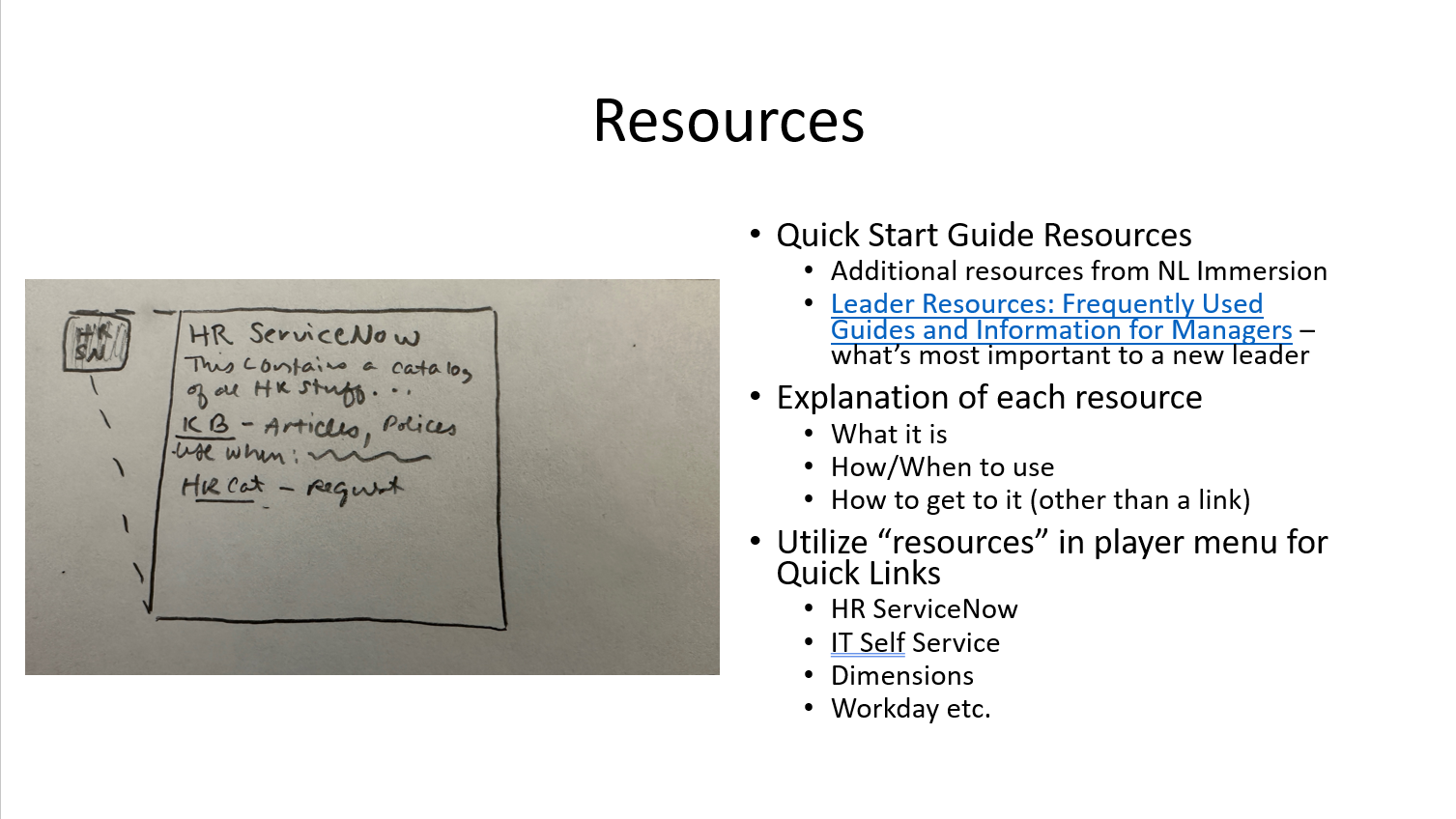 Slide titled Resources with a handwritten note on the left side. The note mentions HR ServiceNow, a catalog of HR stuff, articles, policies, and requests.