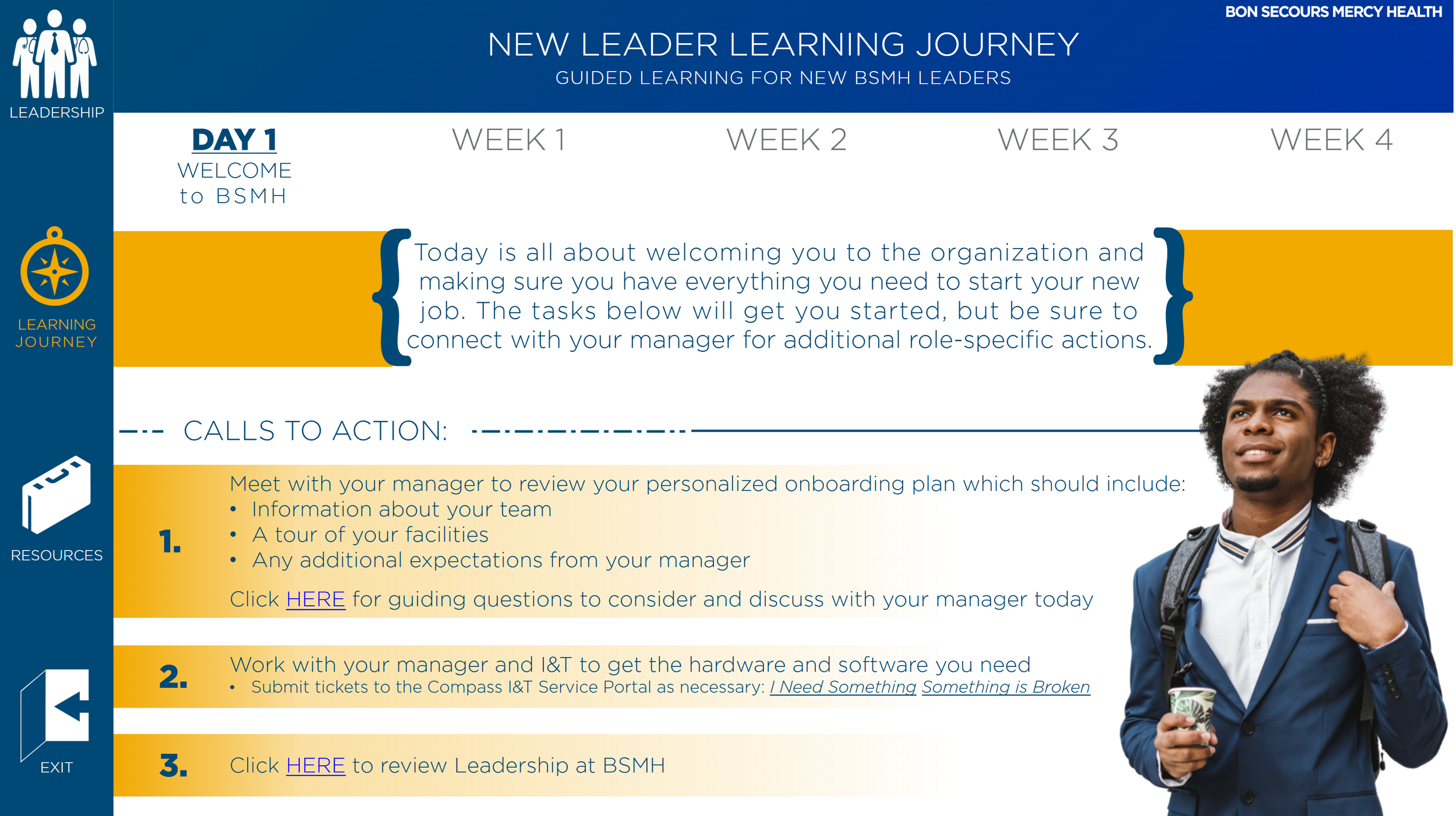A digital training guide titled 'New Leader Learning Journey' for BSHM leaders, showing a day 1 welcome message, learning journey overview, and resource links, with a photo of a man in business attire holding a coffee cup on the right.