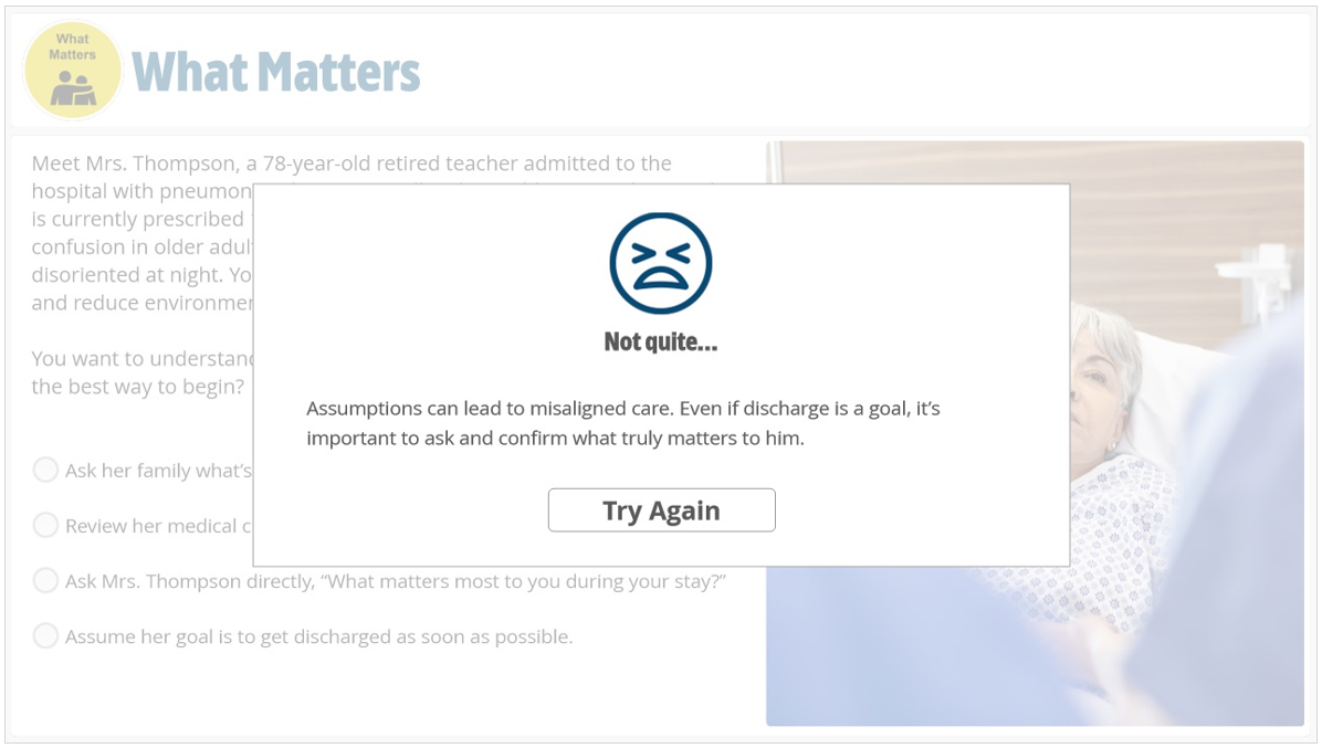 Pop-up message with a sad face icon that says "Not quite..." and explains that assumptions can lead to misaligned care, with a "Try Again" button below.