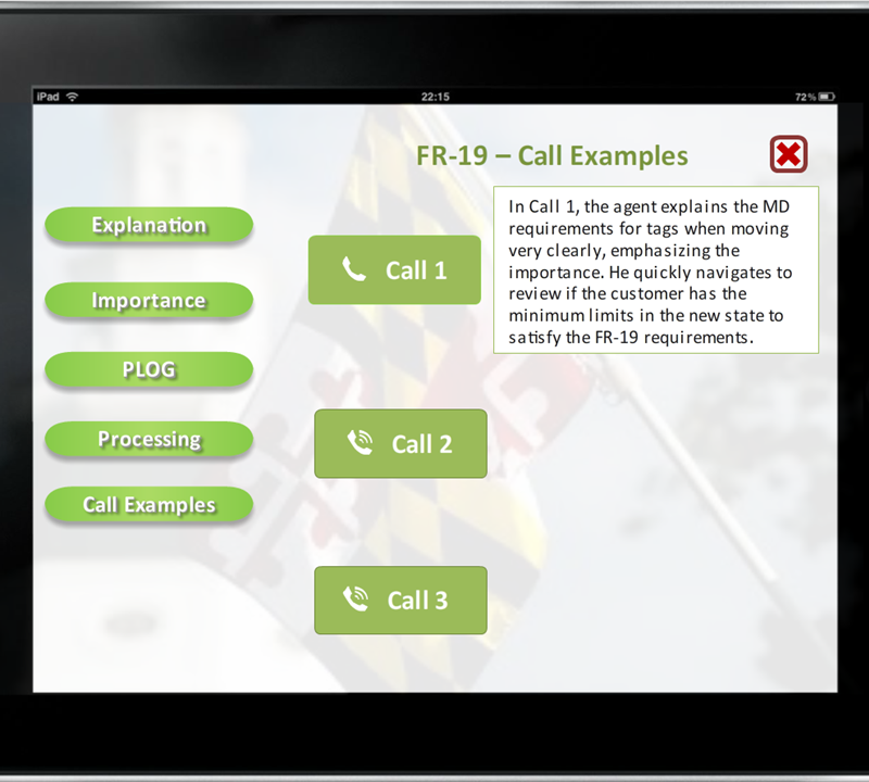 Screenshot of an educational app or presentation on FR-19 call examples, showing a list of options including Explanation, Importance, PLOG, Processing, and Call Examples. The main focus is on Call 1, which has a description box explaining its purpose.