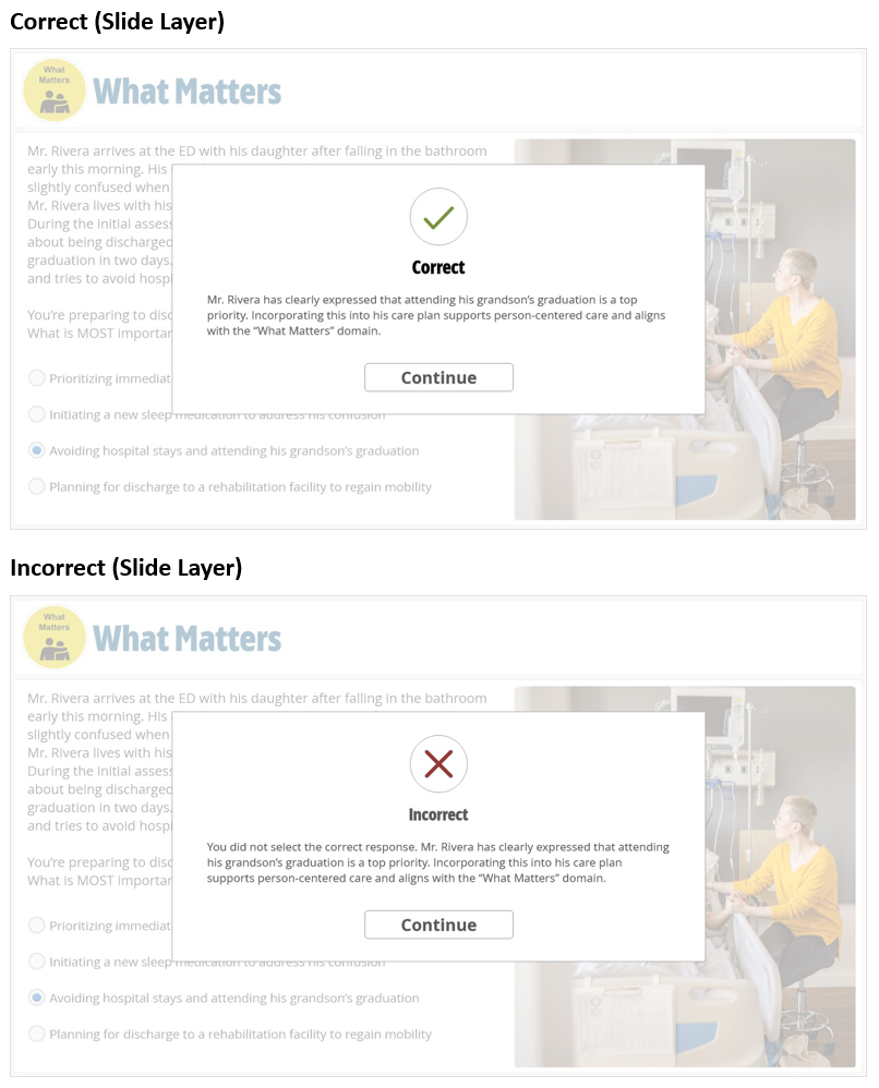 Comparison of two slide layers showing correct and incorrect responses. The correct response has a green check mark and a message confirming the answer. The incorrect response has a red cross and a message explaining the mistake.