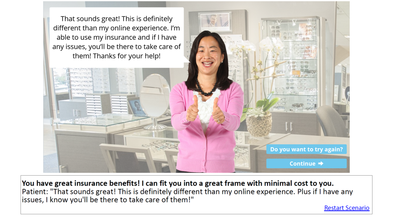 An Asian woman in a pink cardigan smiling and giving two thumbs up inside an eyewear store, with a speech bubble and clickable options on the screen related to insurance benefits.