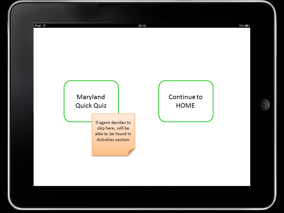 Screenshot of an iPad with two options: 'Maryland Quick Quiz' and 'Continue to HOME', and a sticky note explaining that if the agent skips, it will be found in the Activities section.