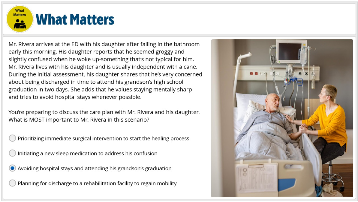 Hospital room with an elderly man in bed connected to medical monitors, talking to a woman sitting beside him.
