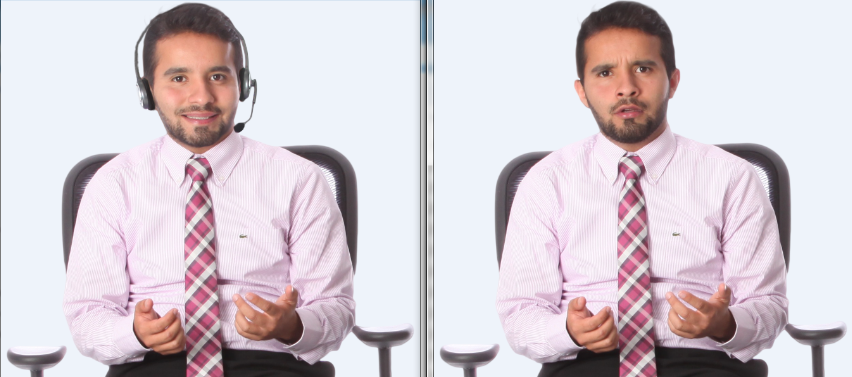 Side-by-side images of a man in a pink striped shirt and plaid tie, sitting in an office chair against a light background, gesturing with his hands. The left image shows him smiling with a headset, the right shows him with a confused or questioning expression.