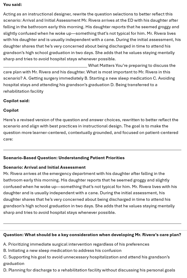 Text-based document discussing a healthcare scenario involving Mr. Rivera, his daughter, and considerations for his care plan, including multiple-choice questions.