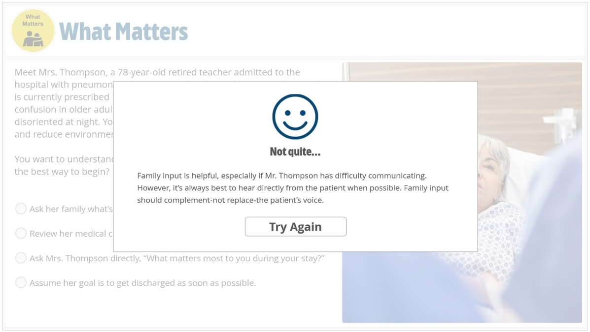 A digital interface showing a health-related questionnaire and an alert message indicating a communication difficulty with Mr. Thompson. The message suggests trying again.