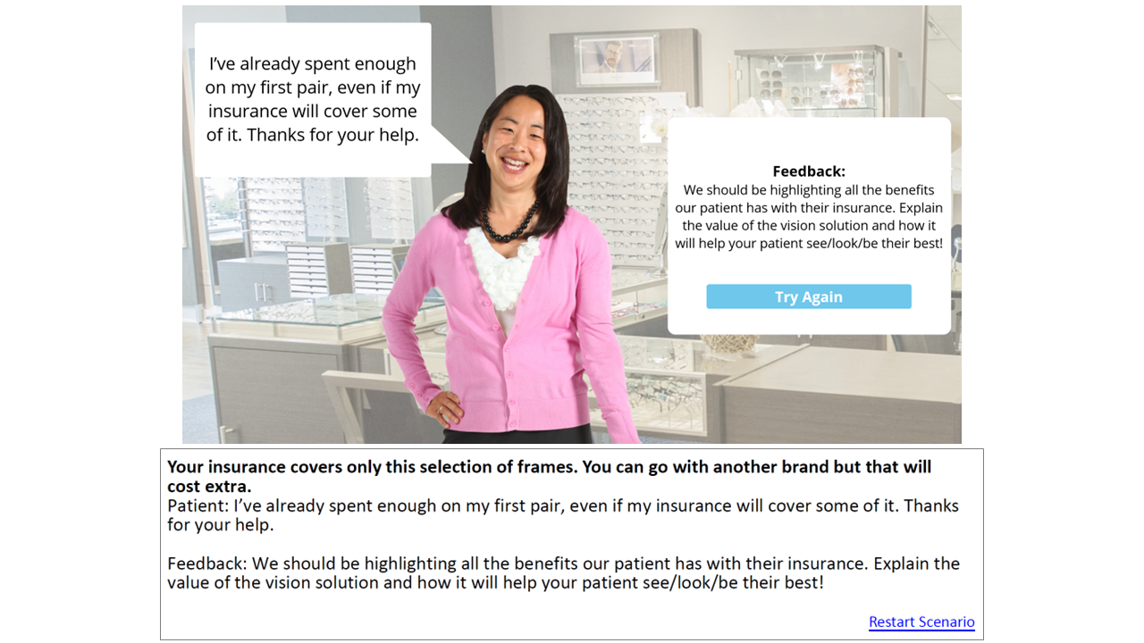 A woman in a pink cardigan smiling in an eyewear store, with glasses displays and a feedback pop-up on the screen.