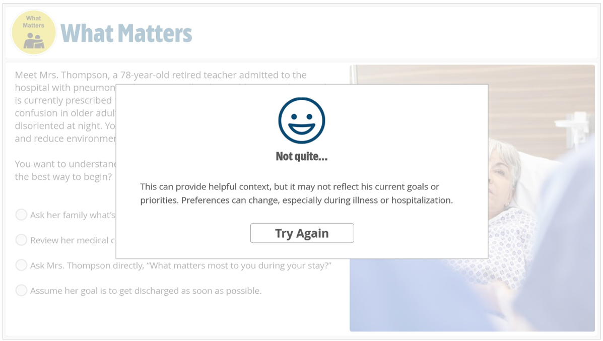 A hospital room with a female patient lying in bed, talking to a medical professional. A notification pop-up overlay with a smiling icon and the text "Not quite..." indicating a prompt to try again.