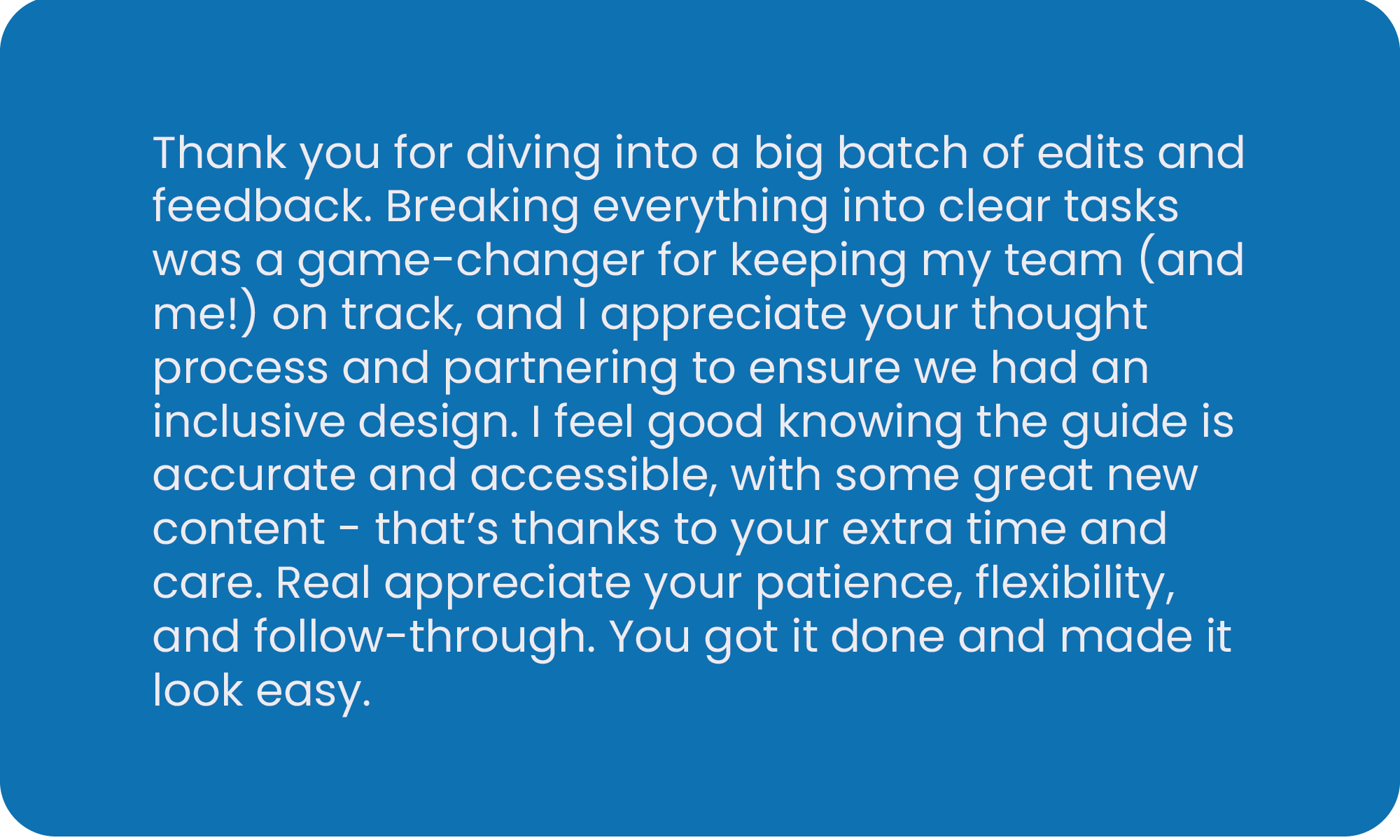 Screenshot of a thank you message expressing appreciation for feedback and collaboration in a team project, emphasizing inclusivity, accuracy, and patience.