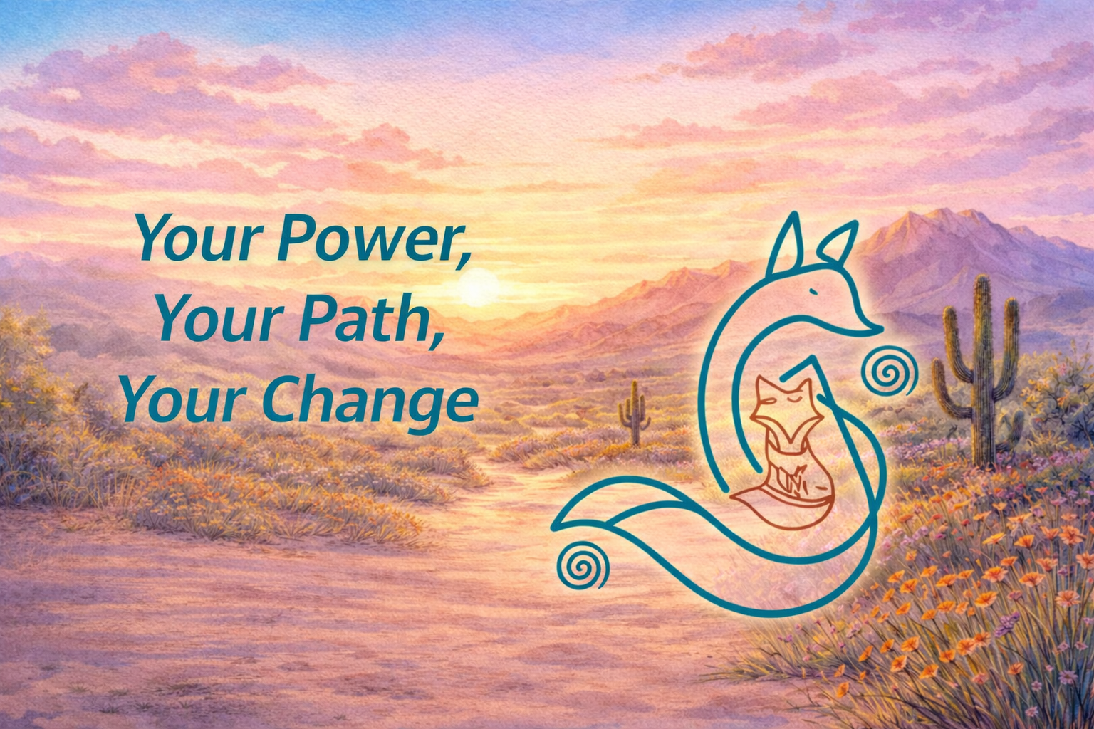 Sunset over desert landscape with mountains, cacti, and wildflowers. Overlaid text reads "Your Power, Your Path, Your Change." A stylized blue line drawing of a fox with a curled tail and a chameleon is on the right side.