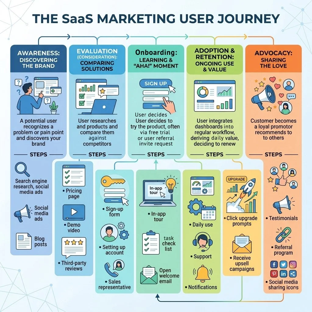 Diagram titled 'The SaaS Marketing User Journey' illustrating five stages: Awareness, Evaluation, Onboarding, Adoption & Retention, Advocacy. Each stage shows steps with icons, descriptions, and actions such as researching, signing up, using the product, upgrading, and sharing testimonials.