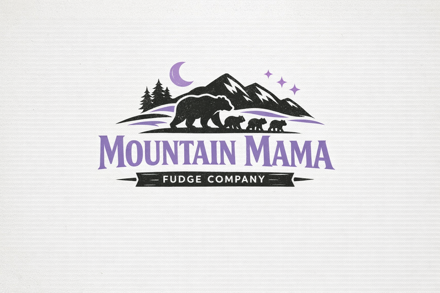 Logo for Mountain Mama Fudge Company featuring a mountain landscape, trees, a crescent moon, stars, and silhouettes of bears.