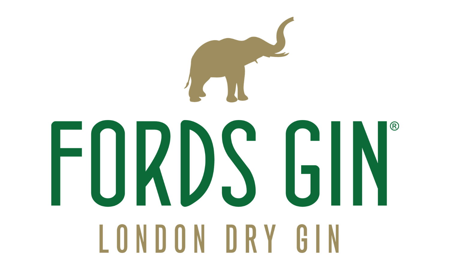 Logo for Fords Gin indicating it's a London dry gin with an illustration of an elephant above the text.