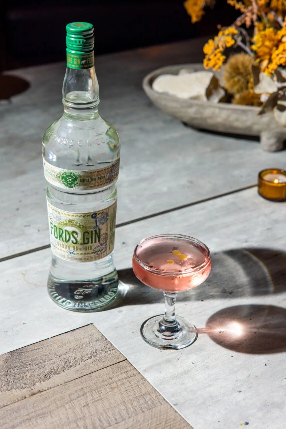 Pink cocktail made with Fords Gin.