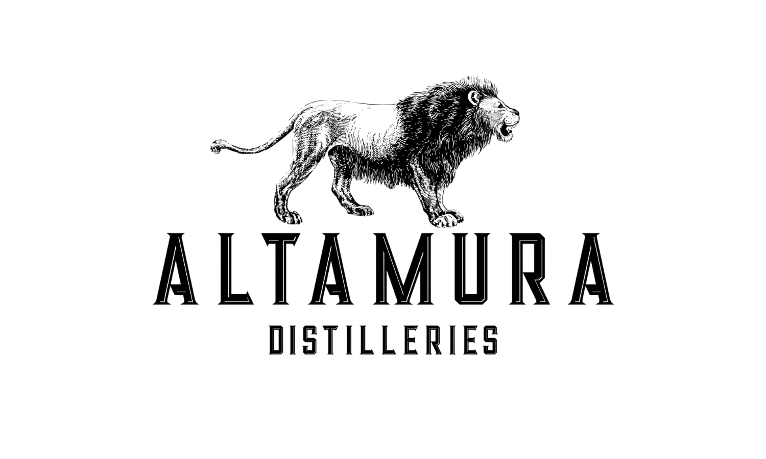 Logo for Altamura Distilleries featuring a detailed illustration of a lion walking and the company name below on a black background.