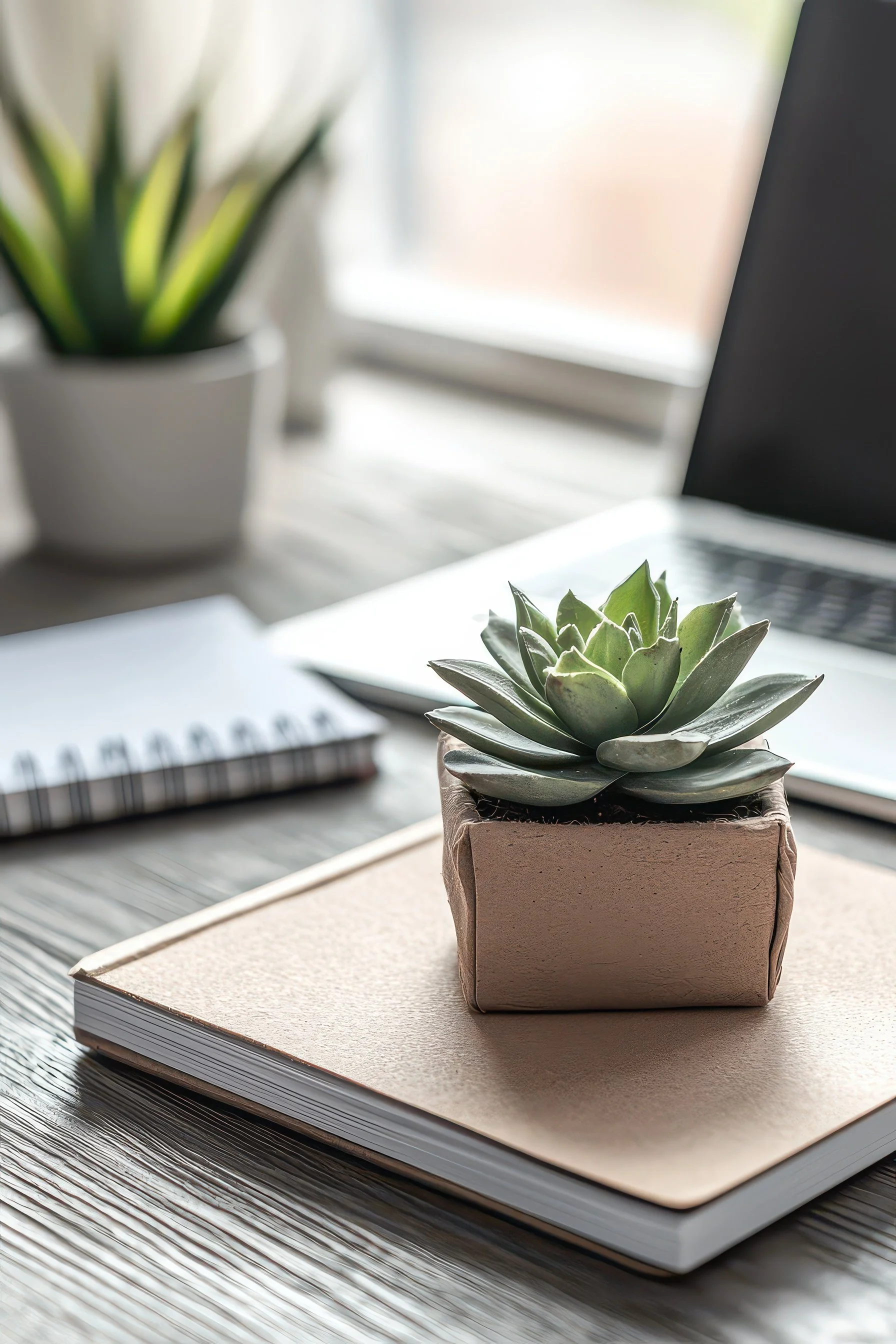 Succulent plant on desk next to laptop, inviting business inquiry