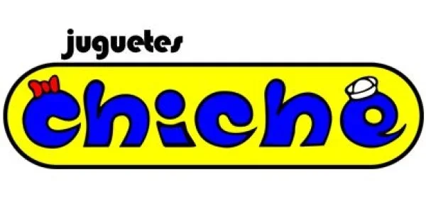 Logo for Juguetes Chiche, a toy store with yellow background, blue text, red bow, and white maraca illustration.