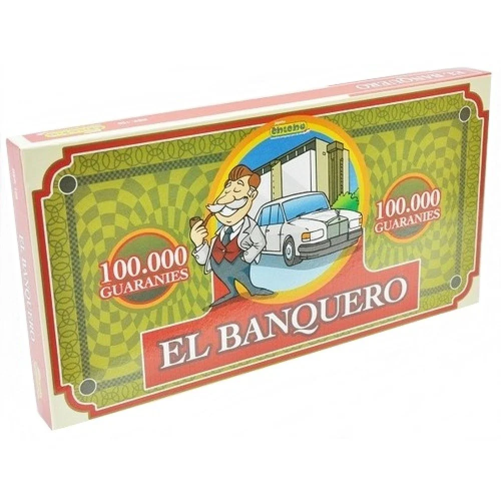Board game box titled "El Banquero" showing a cartoon banker with a bow tie, holding a cigar, and standing in front of a luxury car with a bank building in the background. The box features red and green decorative borders and indicates "100,000 Guarantees".