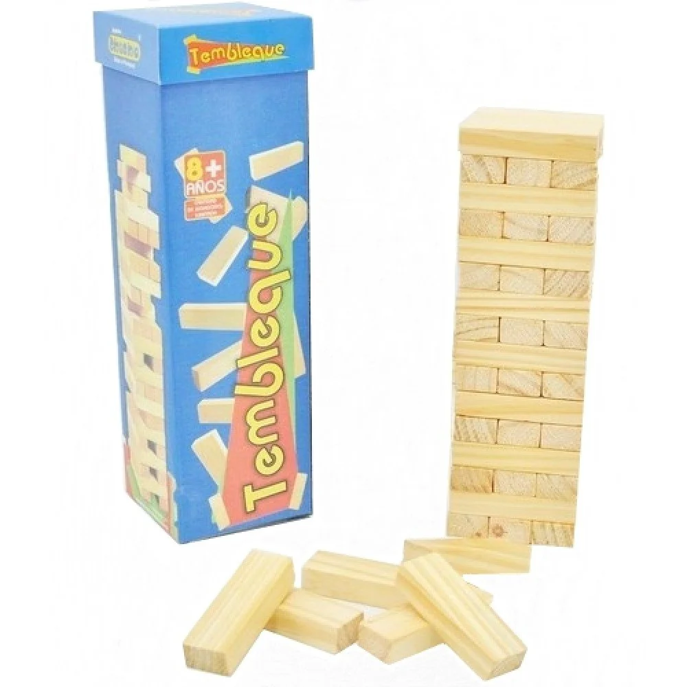 A box of Tumble Bloc wooden tumbling blocks game with a stack of wooden blocks next to the box.