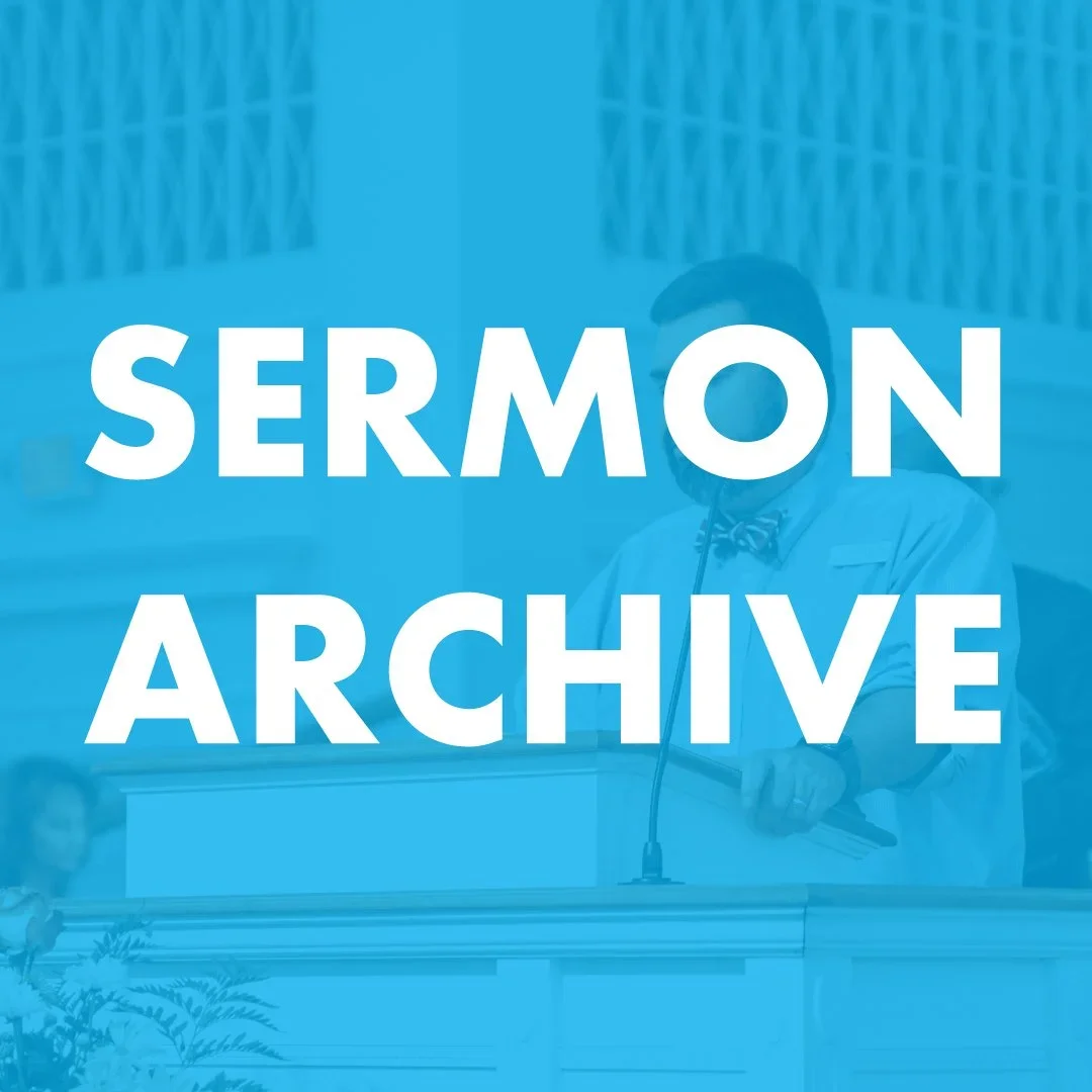 Text overlay reading 'Sermon Archive' over a man standing at a podium speaking into a microphone.