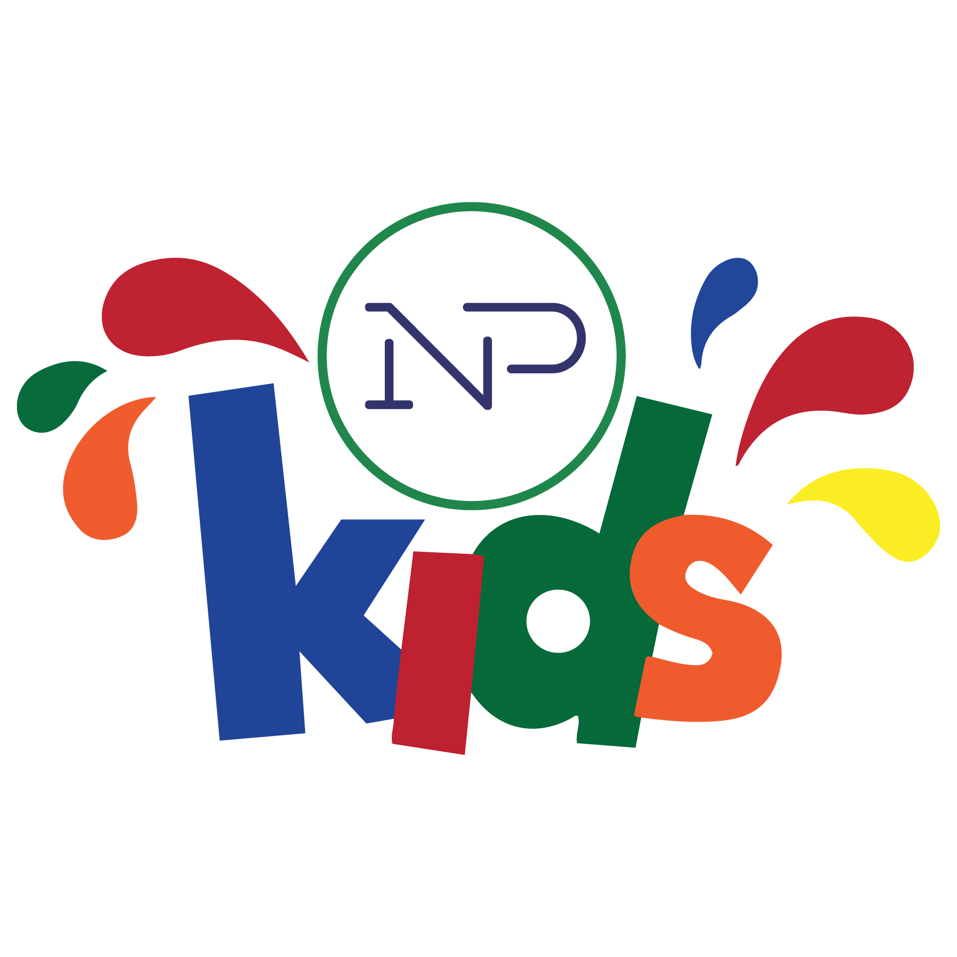 Colorful kids' logo with the word 'kids' in bold, multicolored letters, surrounded by splashes of paint and a compass with 'N' inside, on a black background.
