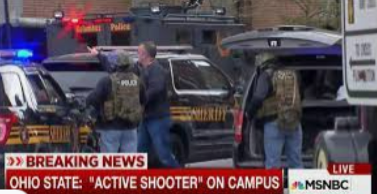 Police personnel and vehicles standing by during an Active Shooter event at Ohio State.