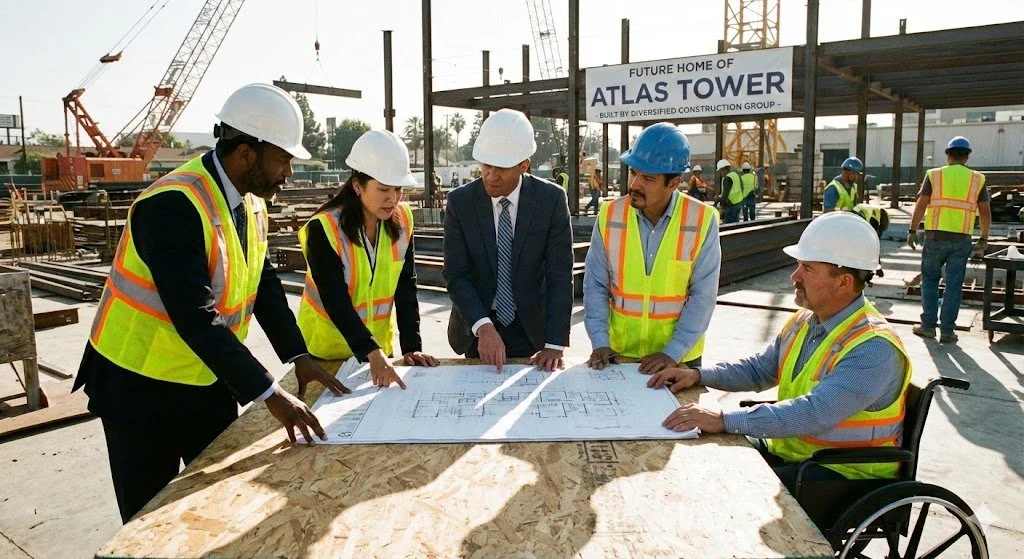 A group of executive, public safety leader, and architects reviewing blueprints at a construction site.