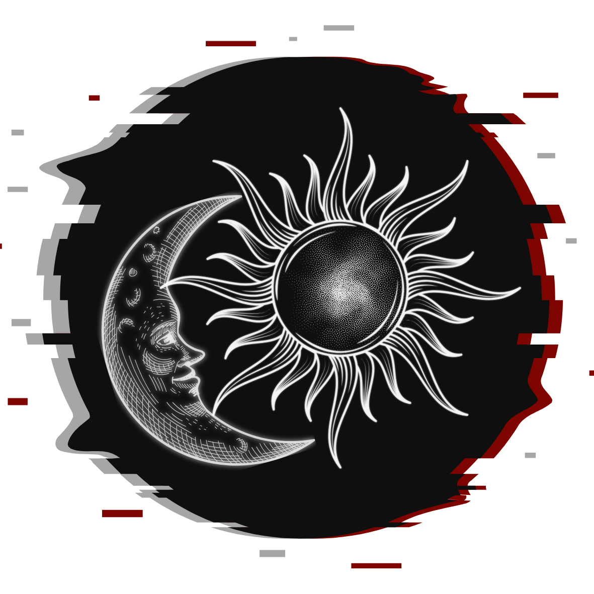 Black and white artistic illustration of a crescent moon with a detailed face on the left and a stylized sun with flowing rays on the right, set against a dark background.