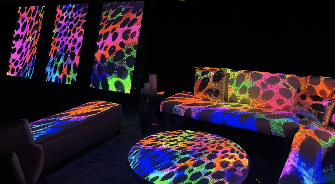 A room with black walls decorated with colorful, neon animal print patterns on the sofa, round table, window blinds, and cushions, creating a vibrant, party-like atmosphere.