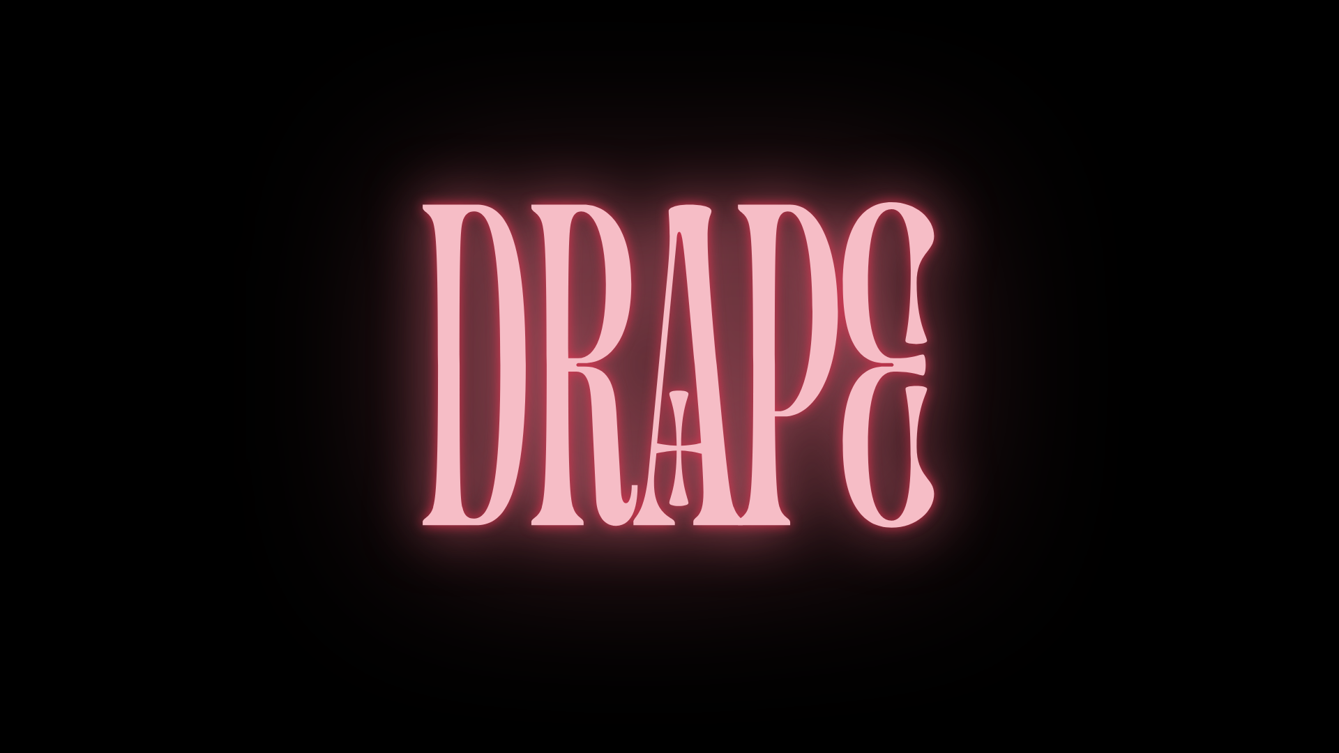 Pink neon sign with the word 'DRAPE' on a black background.
