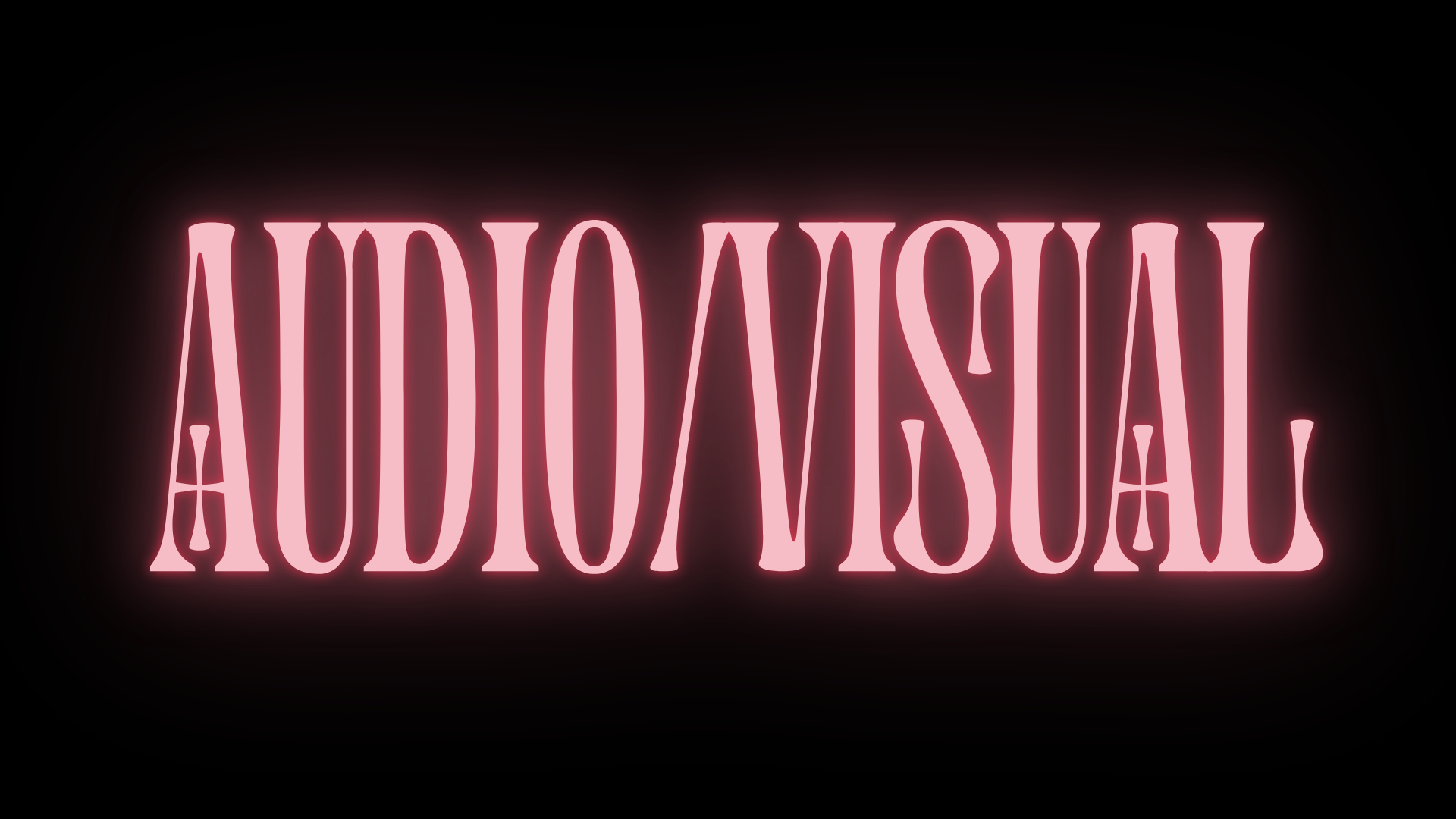 Neon pink sign spelling 'AUDIO/VISUAL' on a dark background.