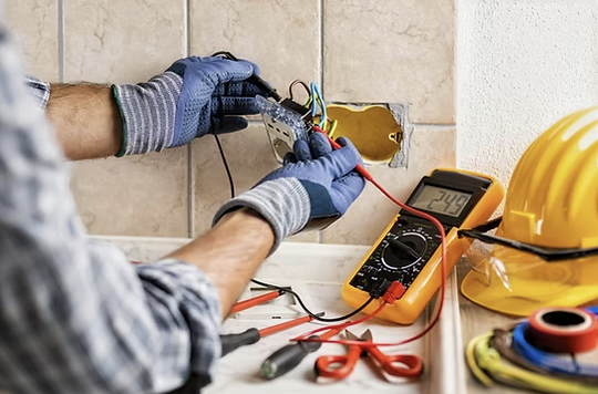 Electrician working on wiring in a wall with tools and safety helmet nearby, using a multimeter to test electrical connections.