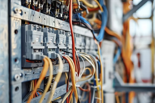 Close-up of electrical wiring and circuit breaker panel in an industrial setting.