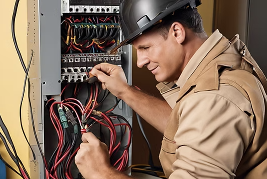 A technician wearing a helmet working on electrical wiring inside a control panel.