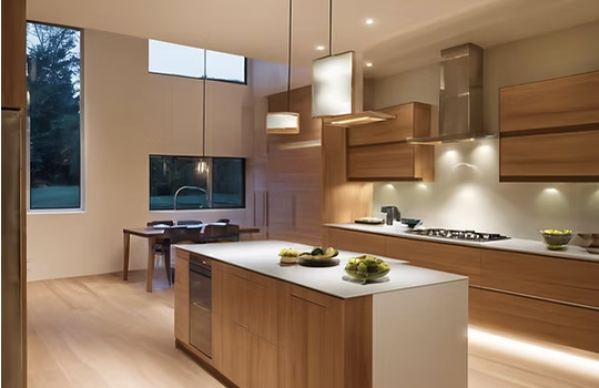 Modern kitchen with wooden cabinetry, white island, and large windows with a dining area in the background.