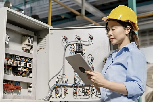 A woman wearing a yellow safety helmet examines an electrical control panel in an industrial setting.
